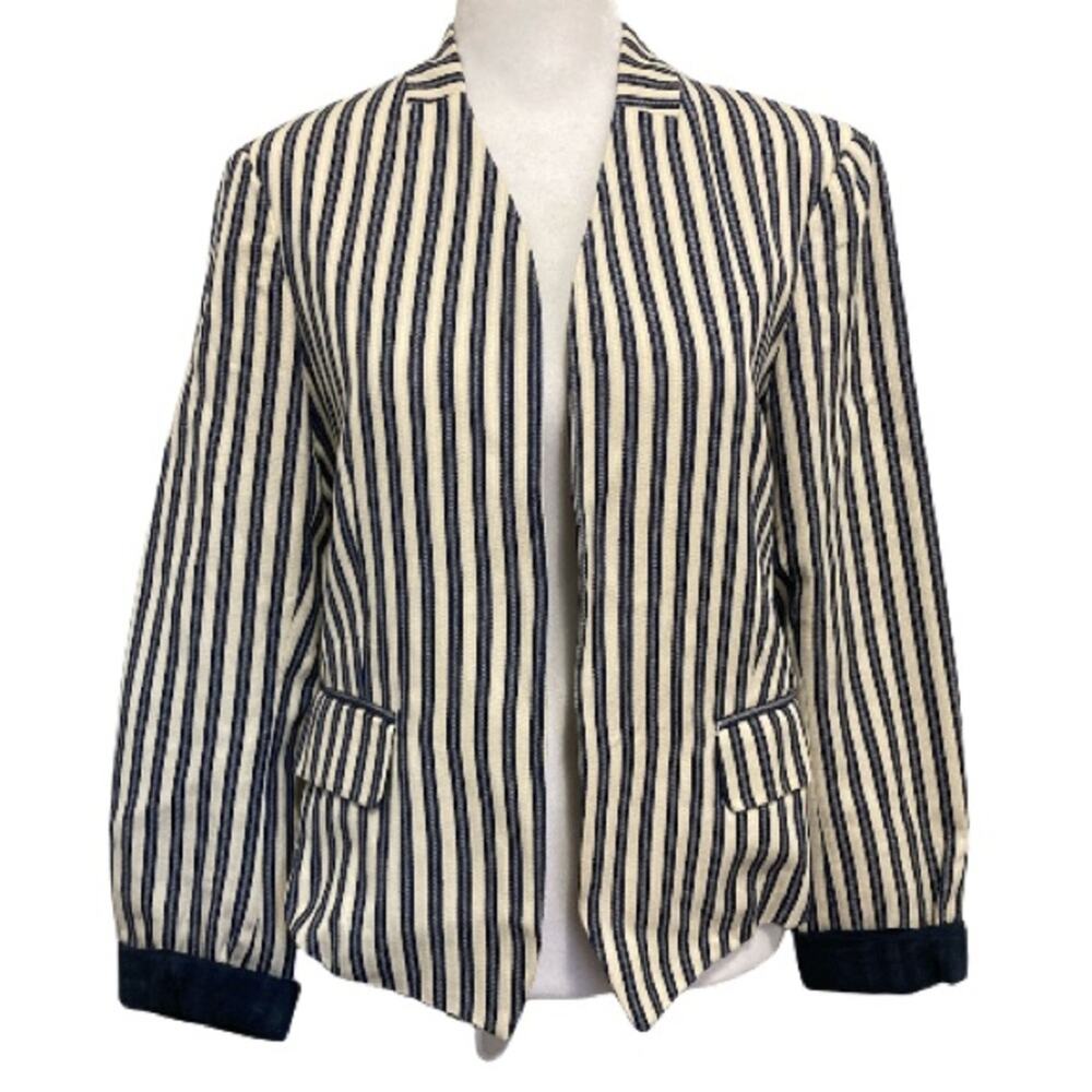 Tinley Road Barcode Stripe Cotton Blazer Jacket size M Blue & White Faux Lapel